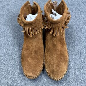 Minnetonka Fringe Moccasin Boots Brown Suede Ankle Zip Womens 6.5 Boho
